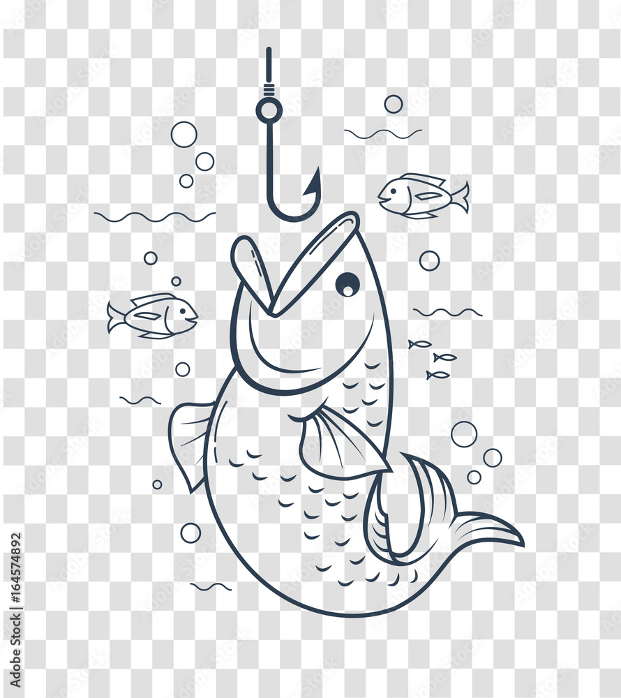 Icon of fishing in the form of a fishing hook and a fish with an open mouth.  Icon, silhouette in the linear style Stock Vector
