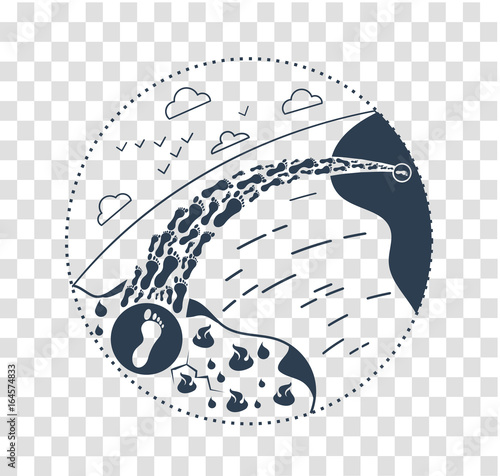 concept salvation from war of the resettlement of refugees in the form of a silhouette of the legs of a сross the sea. Icon refugee  day in the linear style