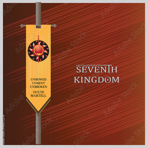 Standard. The sun, the spear and text UNBOWED, UNBENT, UNBROKEN. Elements of knightly symbols. Decals, emblems. Vector image.