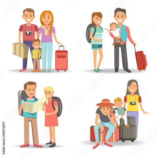 Traveling family children summer holiday tourism vacations vector flat icons