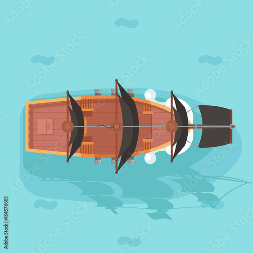 Top view vintage wooden pirate buccaneer filibuster corsair ocean sea dog ship boat sail game icon flat design vector illustration