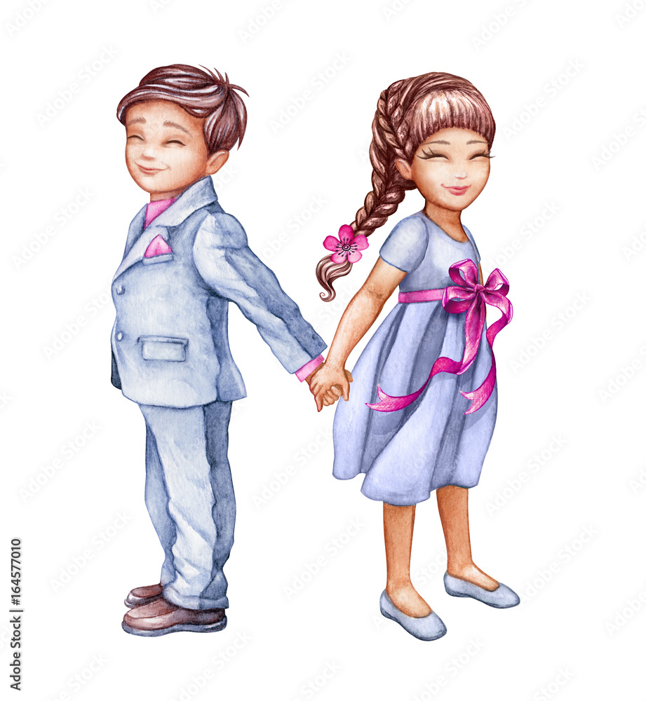 watercolor illustration, romantic couple, cute kids, best friends, boy and  girl holding hands, wedding card, children clip art isolated on white  background Stock Illustration | Adobe Stock