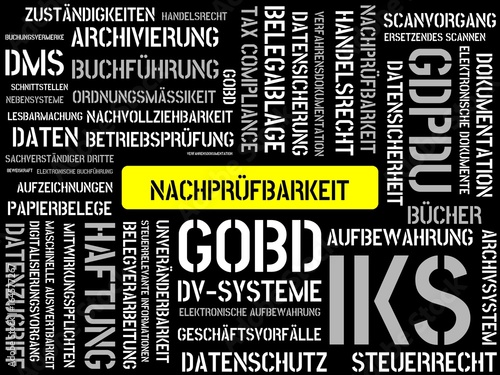 NACHPRÜFBARKEIT - Bilder mit Wörtern aus dem Bereich Verfahrensdokumentation, Wort, Bild, Illustration photo