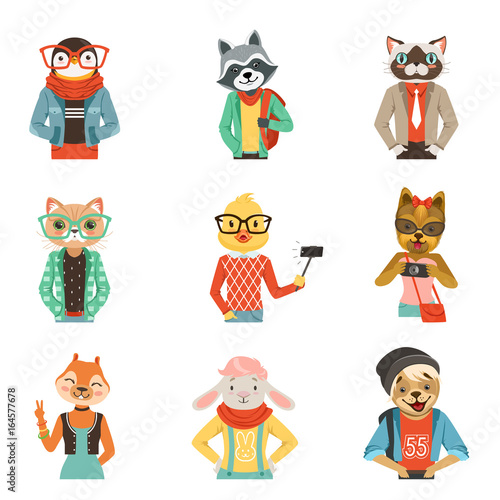 Cute humanized animals in modern and fashionable clothes set of vector Illustrations