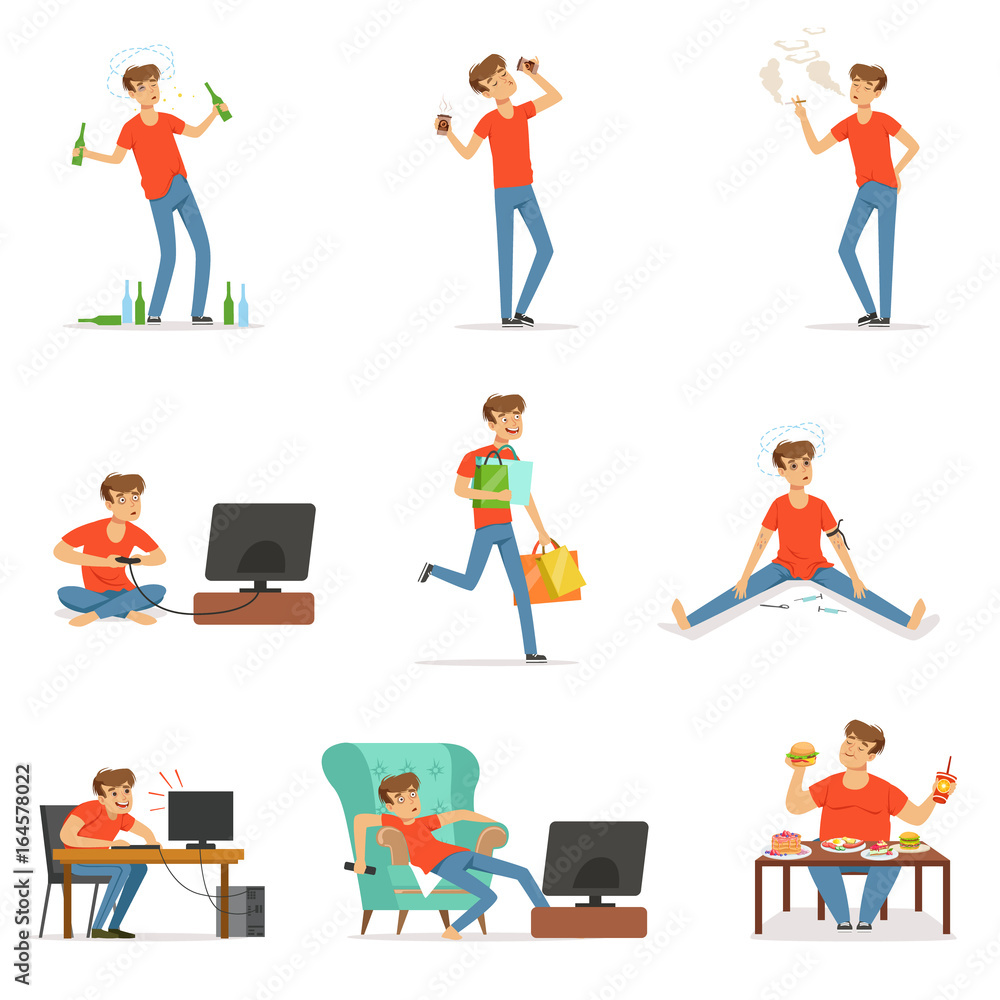 Bad habits set, alcoholism, drug addiction, smoking, dependence of computer and video games, shopping, gluttony with obesity vector Illustrations Bad habits set, alcoholism, drug addiction, smoking, dependence of computer and video games, shopping, gluttony with obesity vector Illustrations