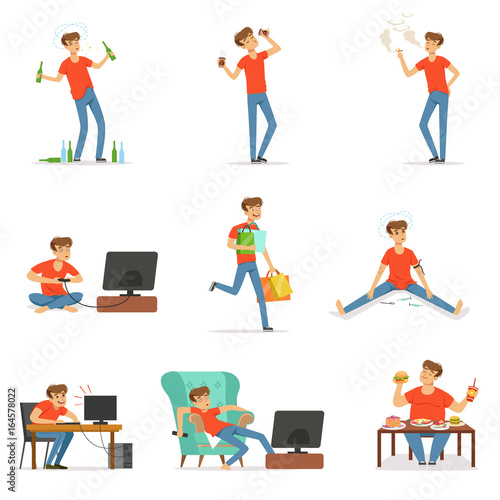 Bad habits set, alcoholism, drug addiction, smoking, dependence of computer and video games, shopping, gluttony with obesity vector Illustrations