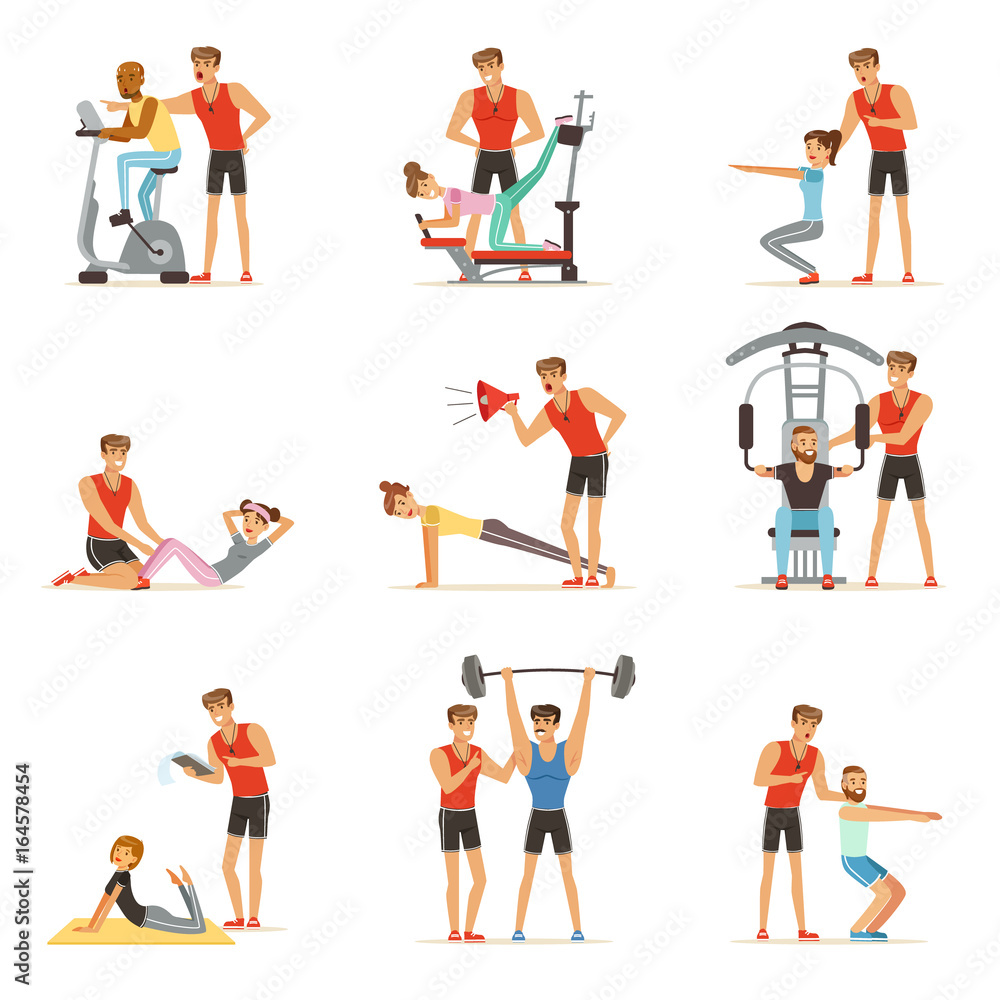 Personal gym coach trainer or instructor set, people exercising under control of personal trainer of vector Illustrations
