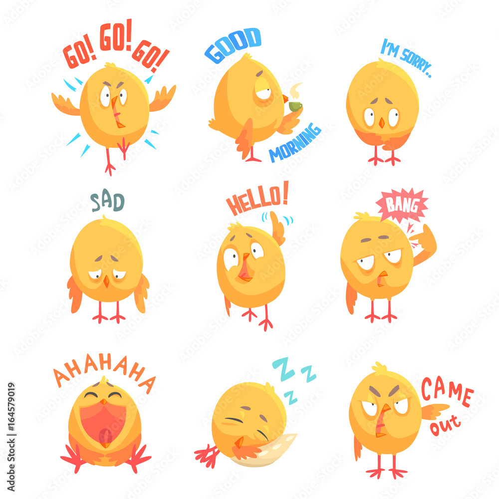 Obraz premium Cute cartoon chickens characters with different emotions and phrases set of vector Illustrations