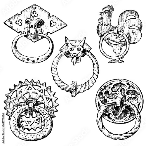 Detail ancient building. architectural ornamental elements, wooden door knob, knocker or handles. Rooster and mouse. engraved hand drawn in old sketch, vintage and Antique, baroque or gothic style.