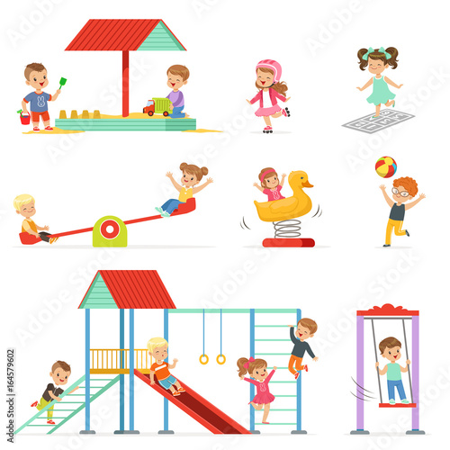 Cute cartoon little kids playing and having fun at the playground set, children playing outdoors vector Illustrations