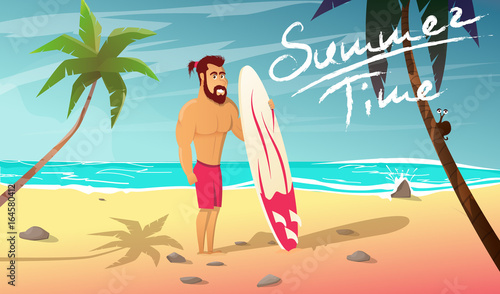 Surfer with surfing board stands on beach