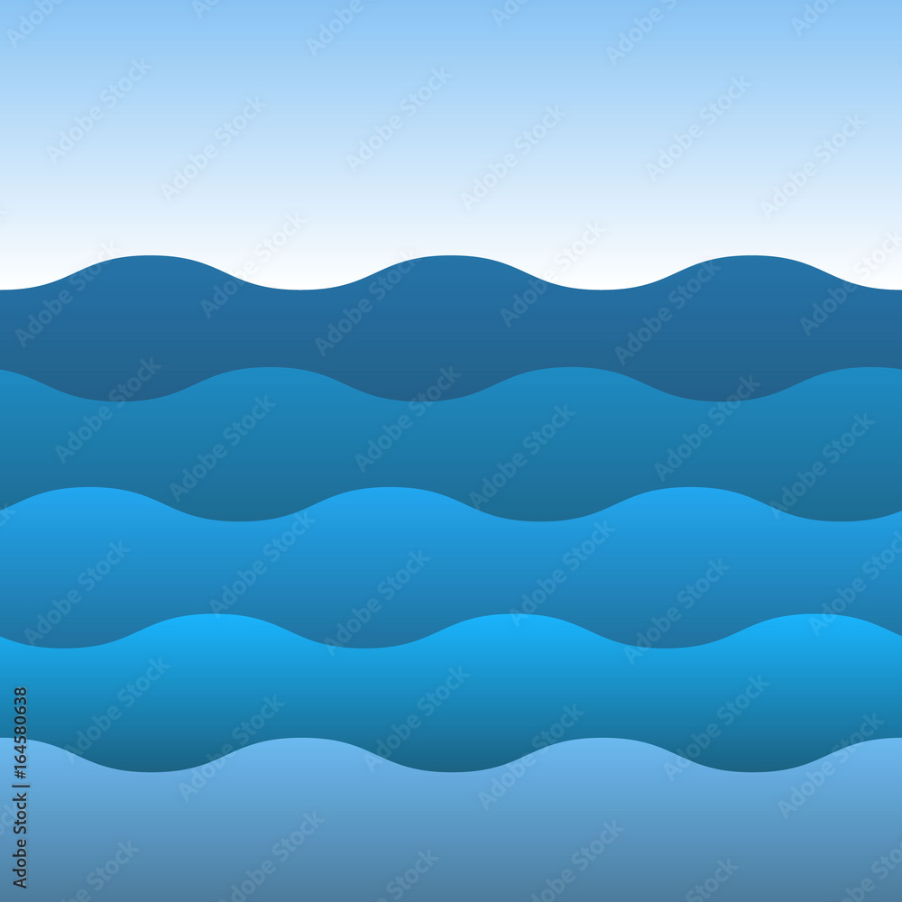 Blue sea wave, ocean and sky vector.