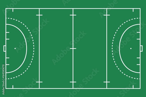 Flat green field hockey grass. Hockey field with line template. Vector stadium.