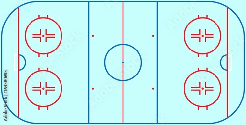 Flat ice hockey field. Top view of ice hockey field with line template. Vector stadium.