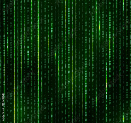 Green matrix background. 1, 0 data algorithm. Internet coding vector.