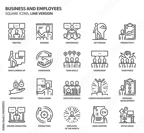 Business and employees, square icon set