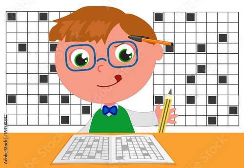 Smart kid doing crosswords vector