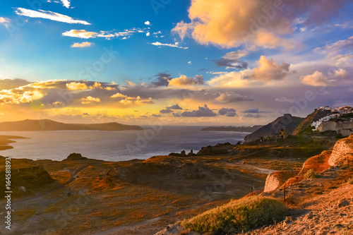 Panorama of Santorini Island in Greece famous for romantic sunsets on the cliff