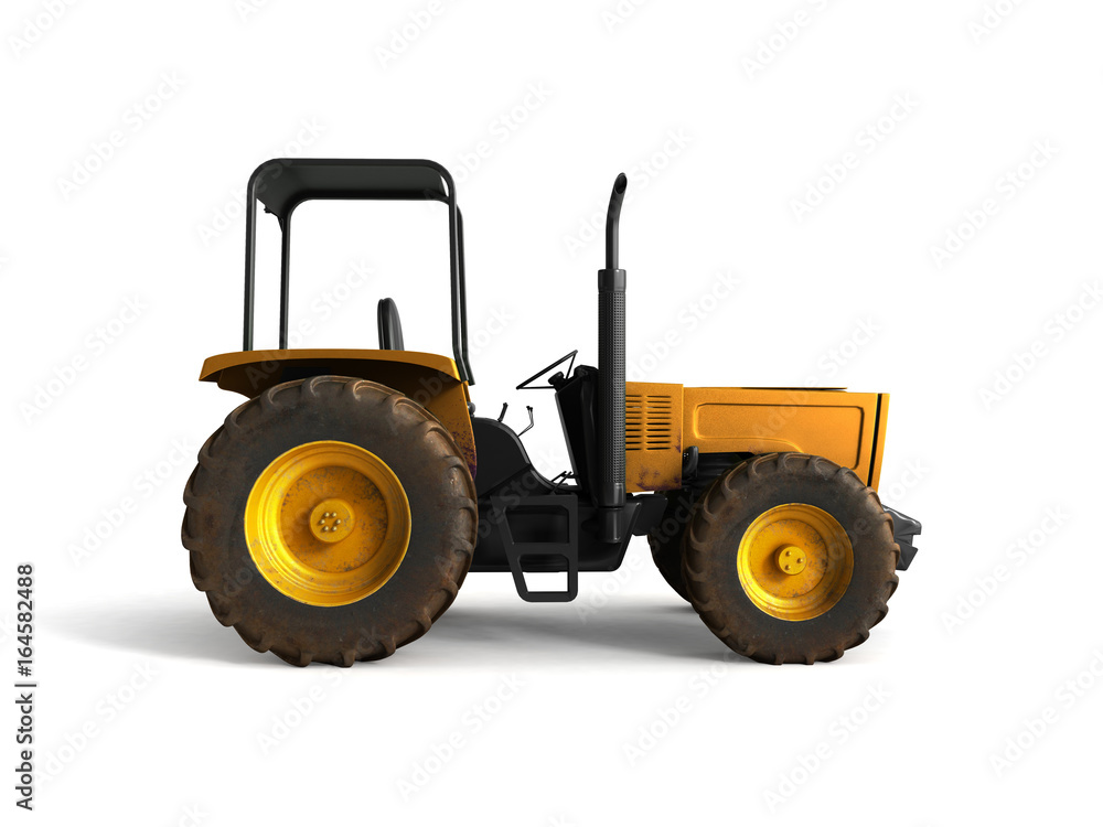 Mini Tractor Yellow 3d render on white background Mini Tractor Yellow 3d render on white background
