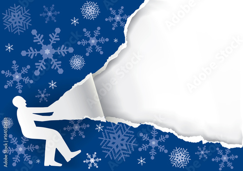 Man Ripping Christmas Paper Background.
Paper male silhouette ripping blue christmas paper background. Unwrapping gift. Vector available.