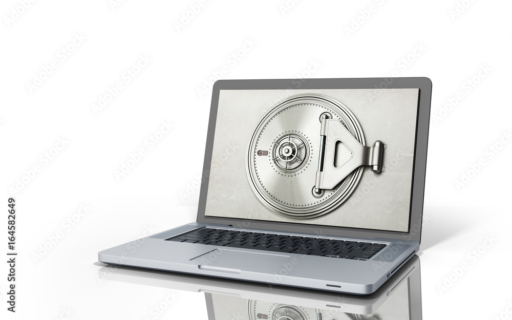 The concept of a secure online banking Money and cards behind the open door of the bank vault on the monitor screen 3d render on white The concept of a secure online banking Money and cards behind the open door of the bank vault on the monitor screen 3d render on white