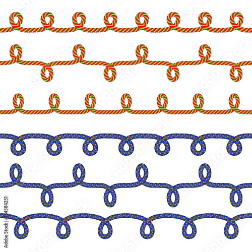 Horizontal seamless  rope  pattern, vector rope loops and knots