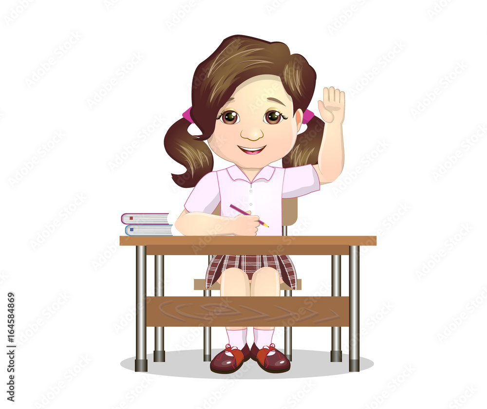Schoolgirl Sitting Behind The Desk In School Class Raising Hand Wanting ...
