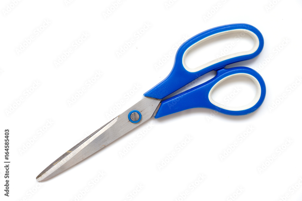 Metallic scissors with blue holder on white background Metallic scissors with blue holder on white background