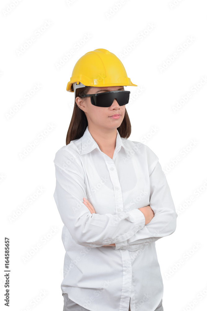 Architect or Engineer. woman Look smart portrait with crossed arms. Woman wearing protect helmet