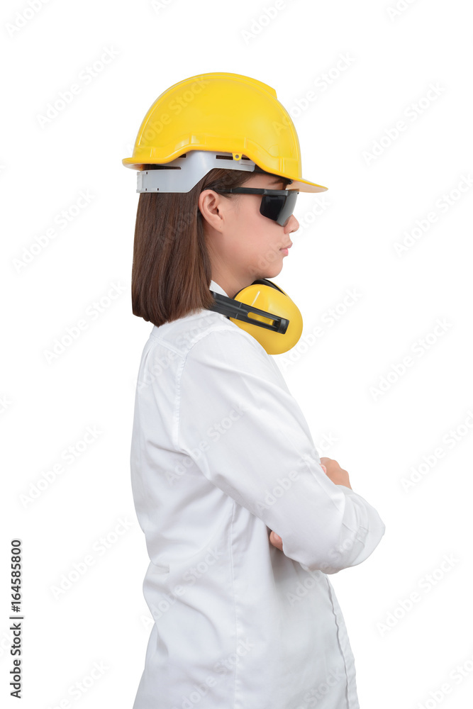 Architect or Engineer. woman Look smart portrait with crossed arms. Woman wearing protect helmet Architect or Engineer. woman Look smart portrait with crossed arms. Woman wearing protect helmet