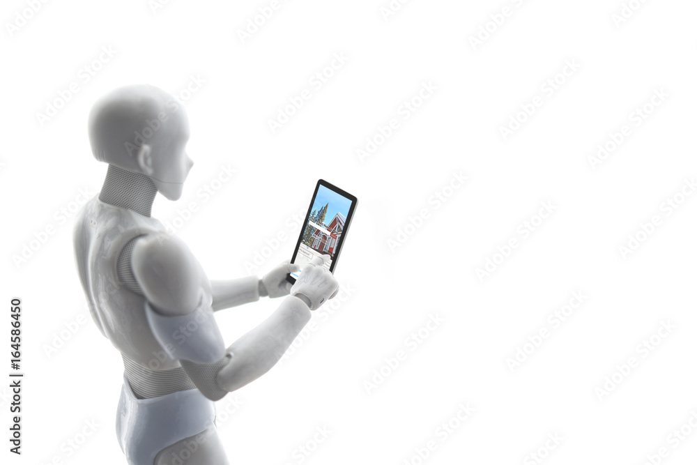 Robot cyborg buying a house - artificial intelligence Robot cyborg buying a house - artificial intelligence