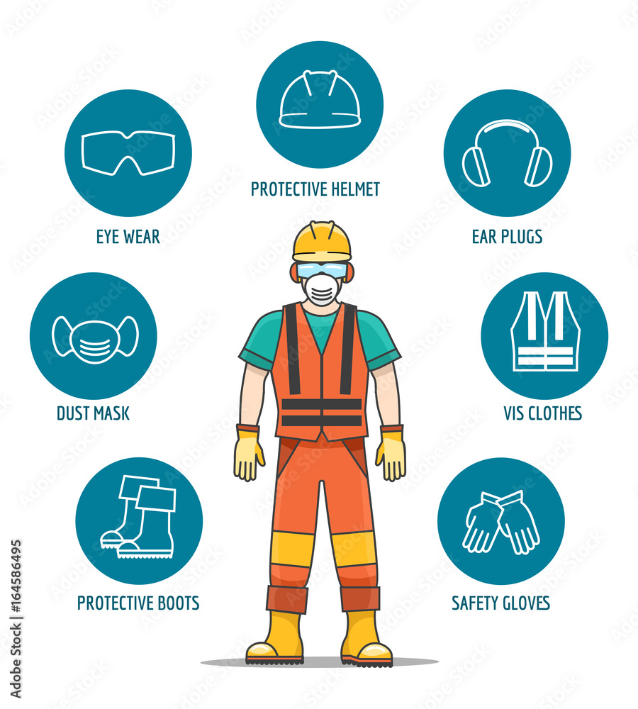 Protective and Safety Equipment or ppe vector illustration. Helmet and  glasses, gloves and headphones icons for worker job protection Stock Vector  | Adobe Stock