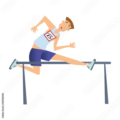 Running with obstacles. Young man jumping over the barrier. Vector illustration, isolated on white background.