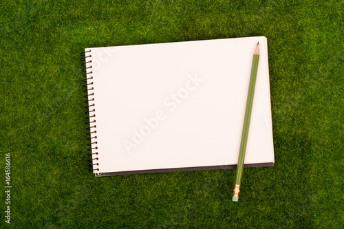 Blank spiral note pad and pencil on the grass meadow. Mock up