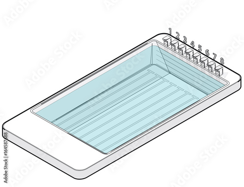 Outlined isometric swimming pool in mobile phone. Sports in communication technologies, paraphrase. Pool with water jumping springboards on white background. Isolated vector illustration.
