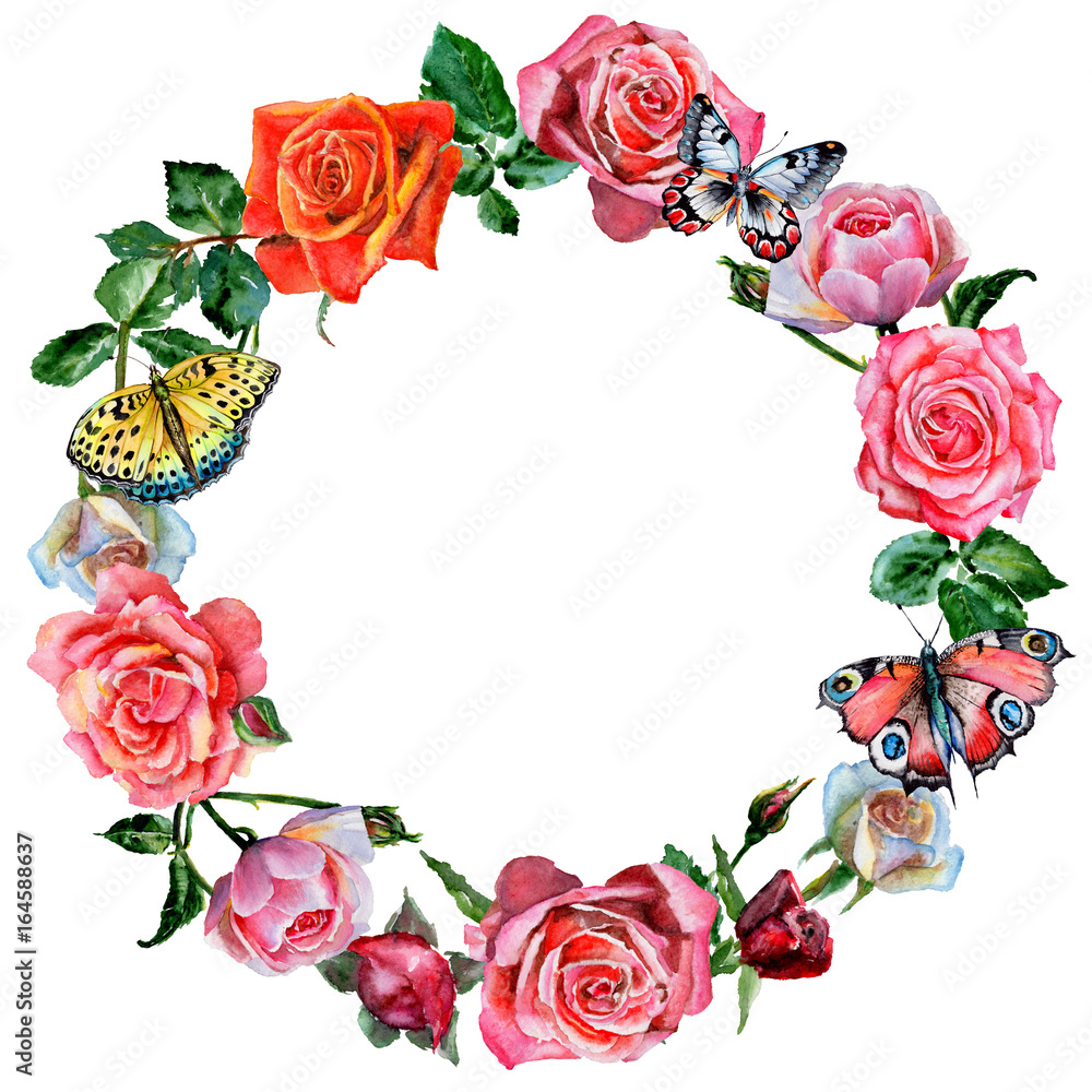 Wildflower rose flower wreath in a watercolor style. Full name of the plant: rose. Aquarelle wild flower for background, texture, wrapper pattern, frame or border. Wildflower rose flower wreath in a watercolor style. Full name of the plant: rose. Aquarelle wild flower for background, texture, wrapper pattern, frame or border.