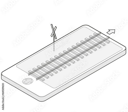 Outlined isometric railway in mobile phone. Rail transportation in communication technologies, paraphrase. Isolated on white background, railway cross sign. Vector industrial transportation building.