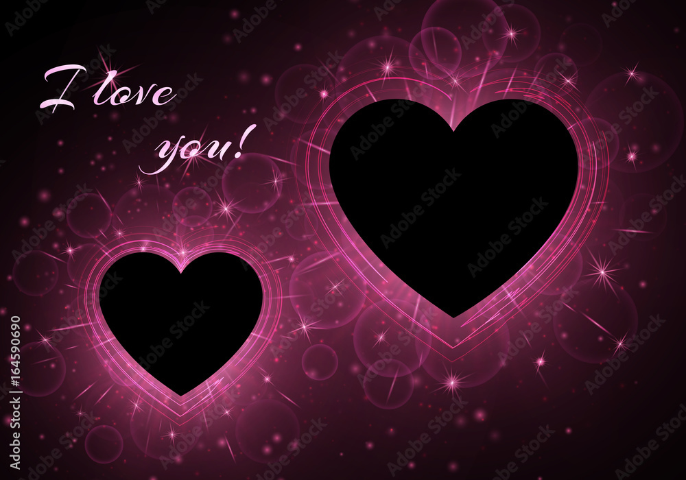 Romantic bokeh background with bright light. Frames in the form of hearts on a dark backdrop. Vector design for St. Valentine's Day.
