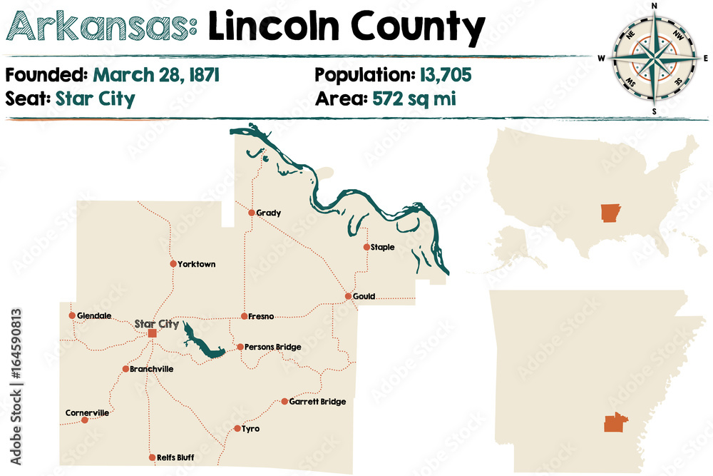 Large and detailed map of Arkansas - Lincoln county