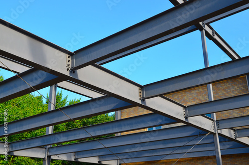 nderSteel framework of commercial building under construction.