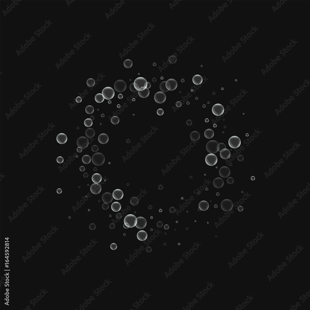 Soap bubbles. Small circle frame with soap bubbles on black background. Vector illustration.