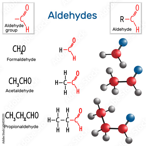 Aldehydes. Chemical formula and molecule model formaldehyde, acetaldehyde and propionaldehyde