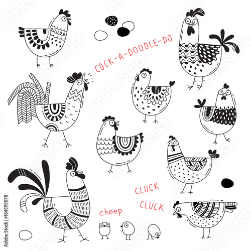 Vector images of chickens, hens, cocks, eggs in cartoon style, line art. Elements for design cover food package, advertising banner, card
