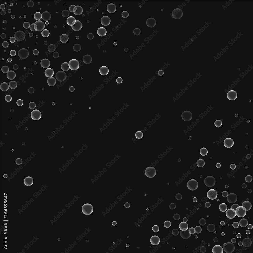 Soap bubbles. Abstract chaotic scatter with soap bubbles on black background. Vector illustration.