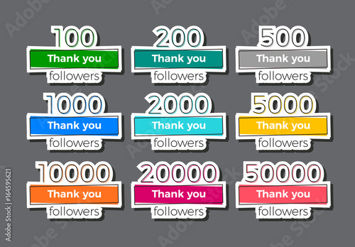 Set of trendy geometric Thank you followers banners with numbers. Vector design