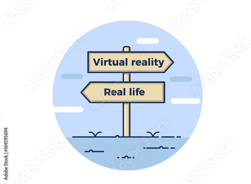 Sign post point towards two opposite directions between virtual reality and real life. Vector concept illustration