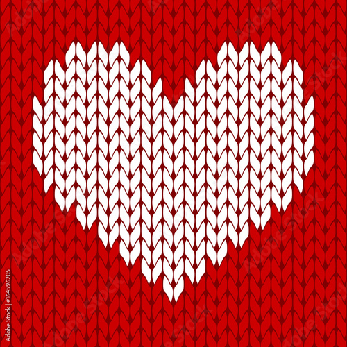 Knitted white heart on the red background pattern isolated vector