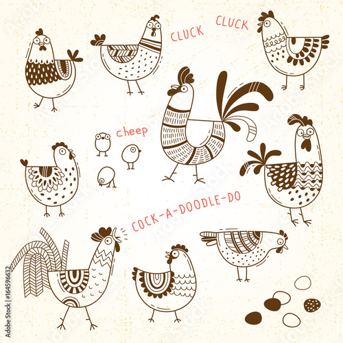 Vector images of chickens, hens, cocks, eggs in cartoon style, line art. Elements for design cover food package, advertising banner, card