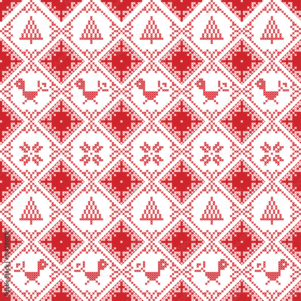 Scandinavian seamless cross stitch inspired Nordic style Christmas pattern in cross stitch with robin, snowflake, star, decorative ornaments in red and white
Scandinavian seamless cross stitch inspired Nordic style Christmas pattern in cross stitch with robin, snowflake, star, decorative ornaments in red and white
