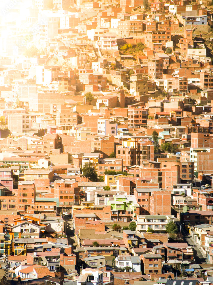 Slum houses built in steep hill of La Paz, Bolivia, South America.